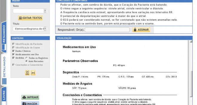 Captura da tela do software TEB para eletrocardiógrafo digital