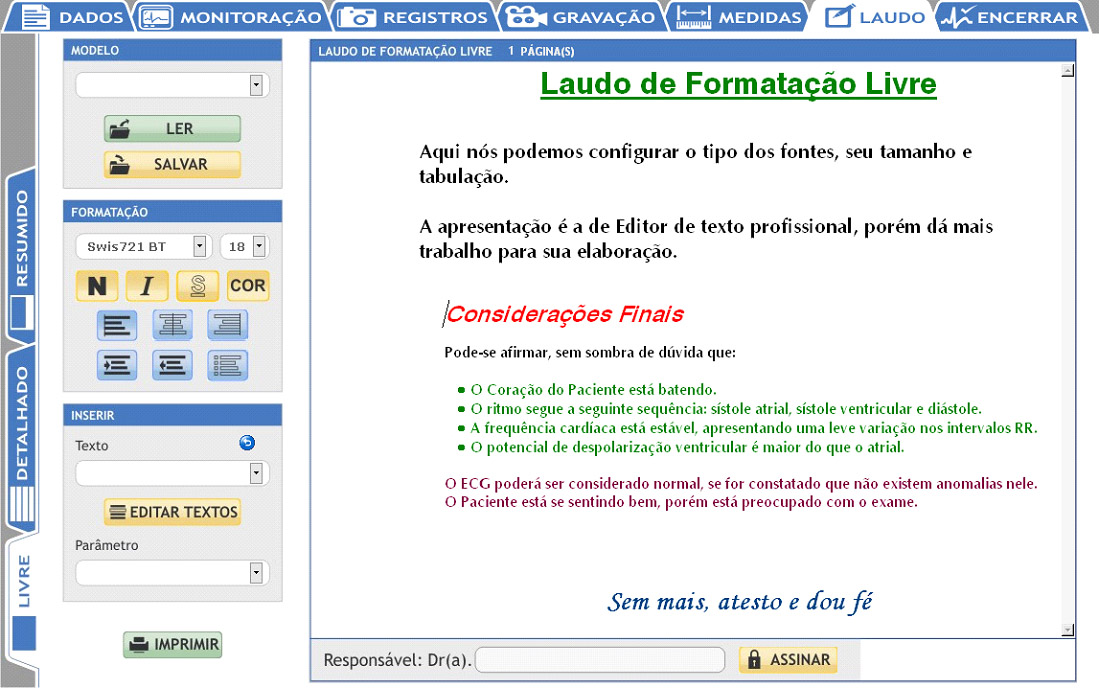 Exemplo da tela do software TEB para eletrocardiógrafo digital